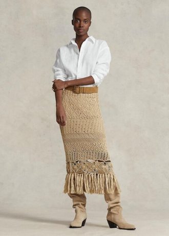 Beige Ralph Lauren Pointelle-strikkede Macrame frynserskjørt for kvinner