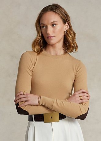 Beige Ralph Lauren t-skjorter med ribbestrikket semsket skinn for kvinner
