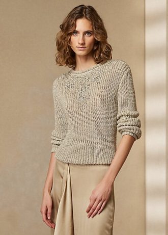 Beige Ralph Lauren utsmykkede silkegensere med rullehals for kvinner