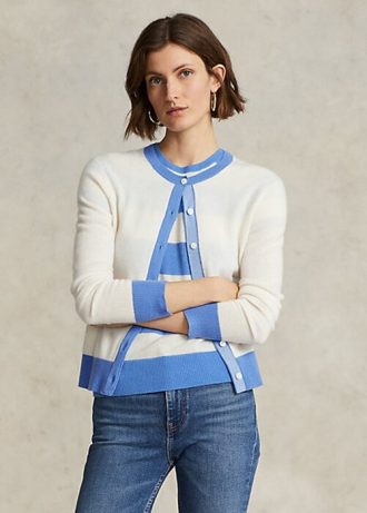 Blå / Kremfarget Ralph Lauren Crest Cashmere Cardigan-gensere for kvinner