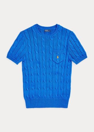 Blå Ralph Lauren kabelstrikkede bomullsgensere med korte ermer for kvinner