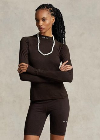 Brun Ralph Lauren-logo-trøye for kvinner med lange armer med Mockneck T-skjorter