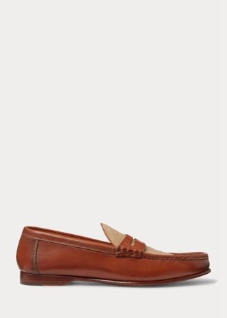 Brune menn Ralph Lauren Chalmers kalveskinn & Penny Loafers i lerret