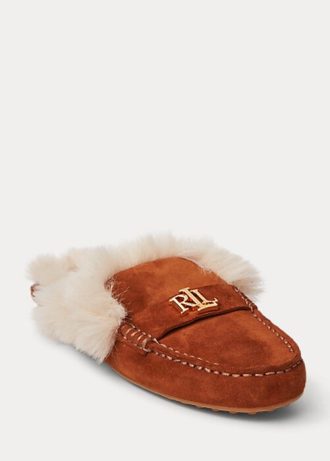 Brune Ralph Lauren Savanah Faux Fur-Trim Semskede flate sko for kvinner