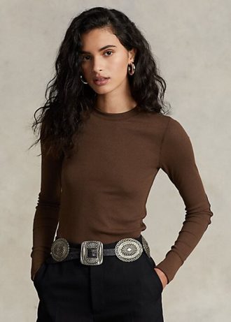 Brune Ralph Lauren t-skjorter med ribbestrikket semsket skinn for kvinner
