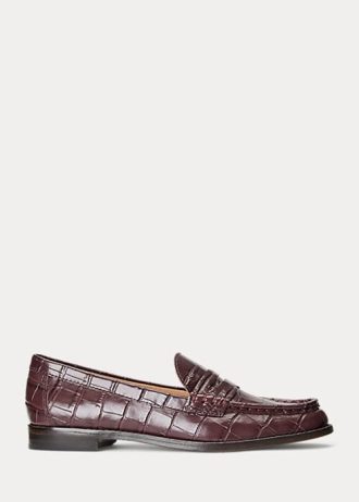 Burgundy Ralph Lauren Wynnie-preget skinn loafers for kvinner