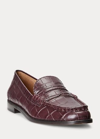 Burgundy Ralph Lauren Wynnie-preget skinn loafers for kvinner