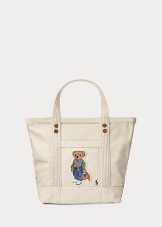 Ecru Multi Dame Ralph Lauren Canvas Small New Orleans Polo Bear Tote Bags