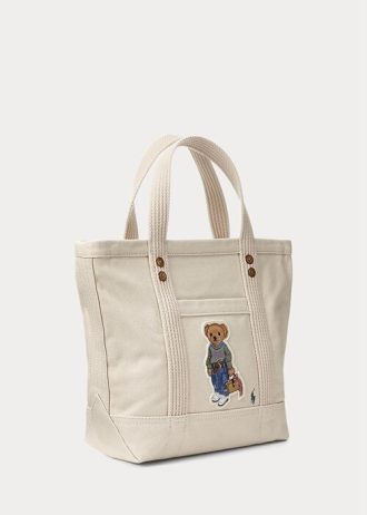 Ecru Multi Dame Ralph Lauren Canvas Small New Orleans Polo Bear Tote Bags