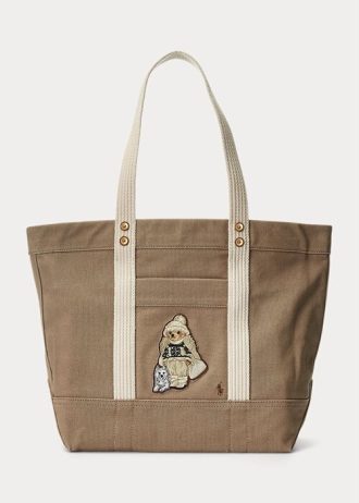 Madison Tan Dame Ralph Lauren Canvas Medium Polo Bear Tote Bags