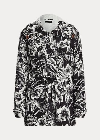 Svart / Hvit Ralph Lauren Floral Ripstop hette vindjakke for kvinner